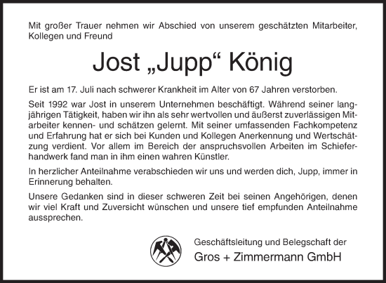 Traueranzeige von Jost König von Siegener Zeitung