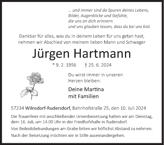 Traueranzeige von Jürgen Hartmann von Siegener Zeitung