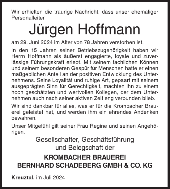 Traueranzeige von Jürgen Hoffmann von Siegener Zeitung