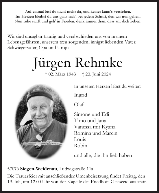 Traueranzeige von Jürgen Rehmke von Siegener Zeitung