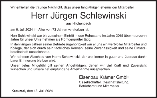 Traueranzeige von Jürgen Schlewinski von Siegener Zeitung