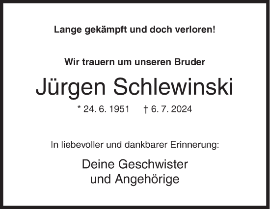 Traueranzeige von Jürgen Schlewinski von Siegener Zeitung