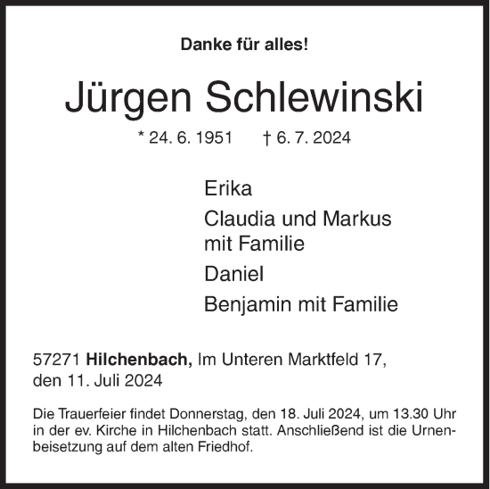 Traueranzeige von Jürgen Schlewinski von Siegener Zeitung