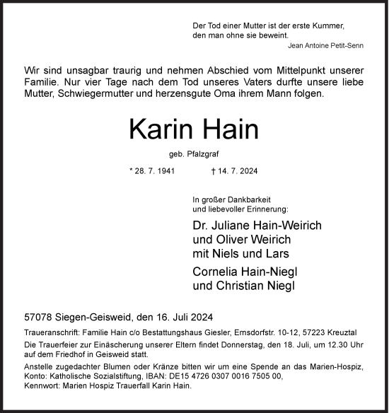 Traueranzeige von Karin Hain von Siegener Zeitung