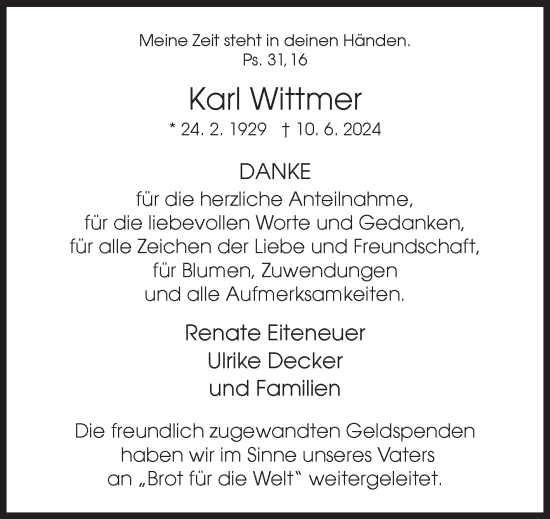 Traueranzeige von Karl Wittmer von Siegener Zeitung