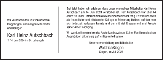 Traueranzeige von Karl Heinz Autschbach von Siegener Zeitung