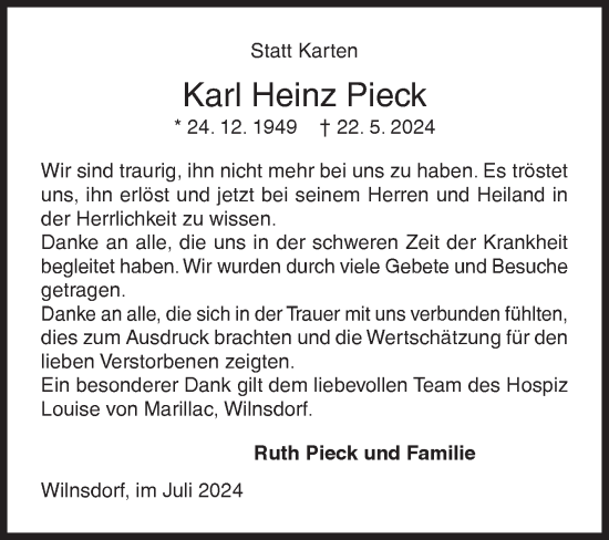 Traueranzeige von Karl Heinz Pieck von Siegener Zeitung