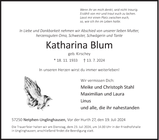 Traueranzeige von Katharina Blum von Siegener Zeitung