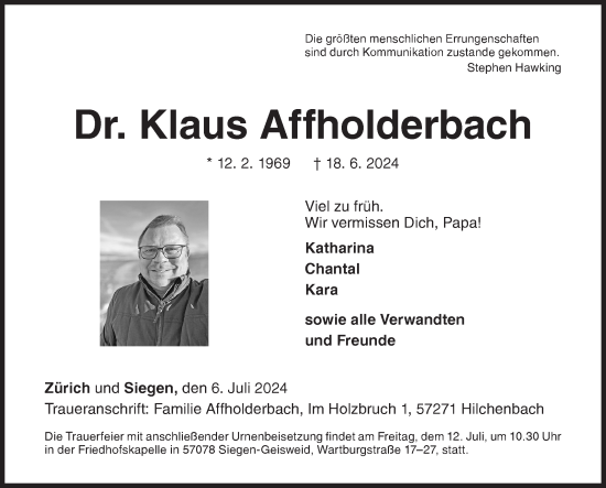 Traueranzeige von Klaus Affholderbach von Siegener Zeitung
