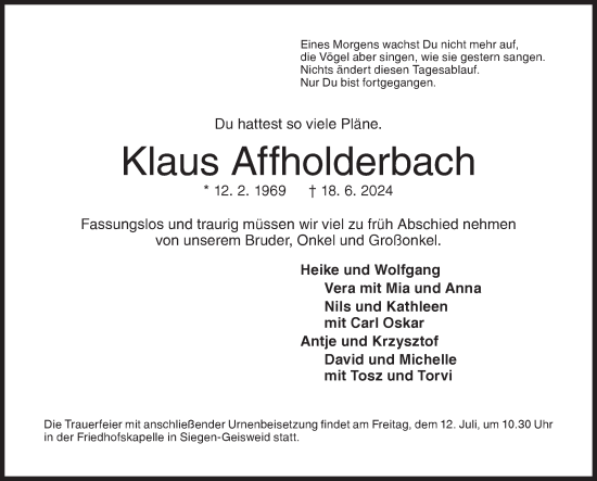 Traueranzeige von Klaus Affholderbach von Siegener Zeitung
