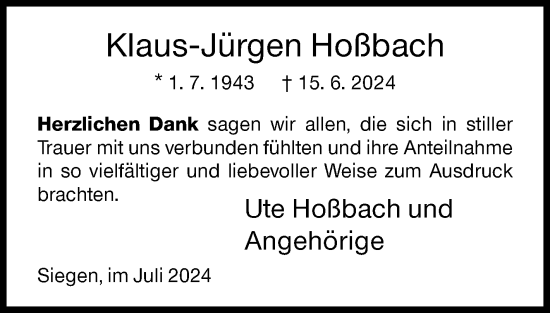 Traueranzeige von Klaus-Jürgen Hoßbach von Siegener Zeitung