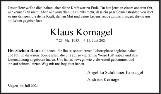 Traueranzeige von Klaus Kornagel von Siegener Zeitung