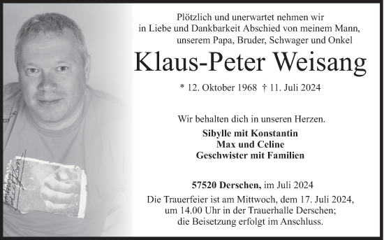 Traueranzeige von Klaus-Peter Weisang von Siegener Zeitung