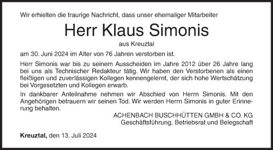 Traueranzeige von Klaus Simonis von Siegener Zeitung