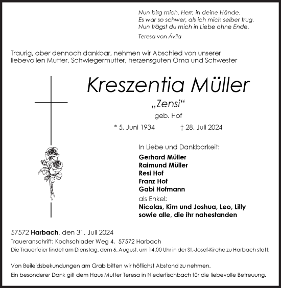 Traueranzeige von Kreszentia Müller von Siegener Zeitung