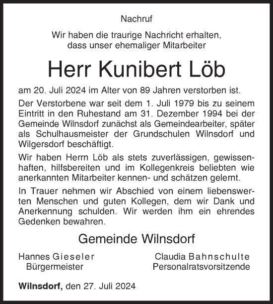 Traueranzeige von Kunibert Löb von Siegener Zeitung