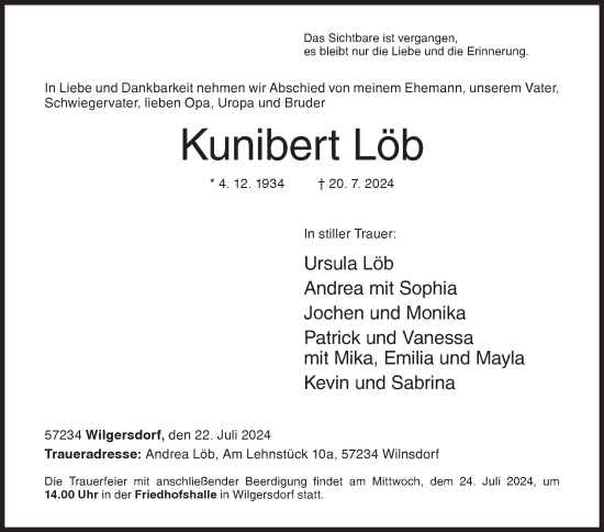 Traueranzeige von Kunibert Löb von Siegener Zeitung