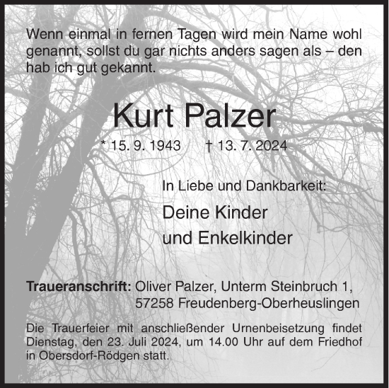 Traueranzeige von Kurt Palzer von Siegener Zeitung