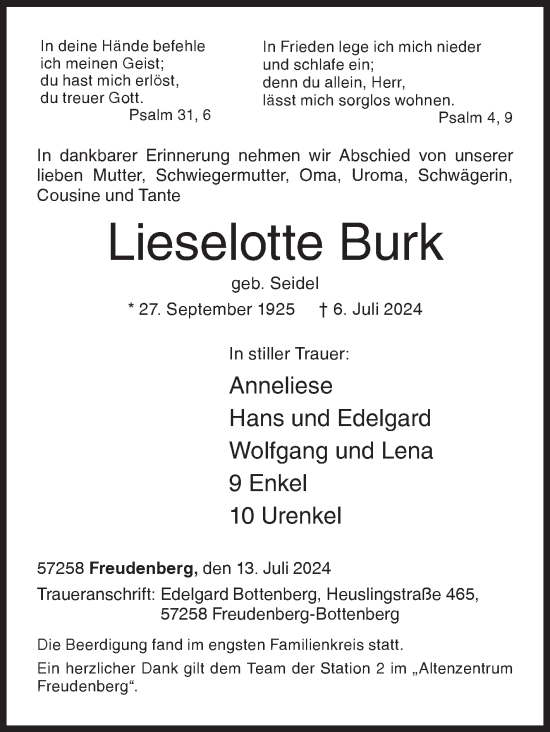 Traueranzeige von Lieselotte Burk von Siegener Zeitung