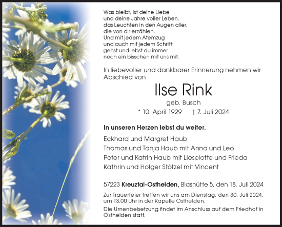 Traueranzeige von llse Rink von Siegener Zeitung