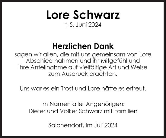 Traueranzeige von Lore Schwarz von Siegener Zeitung