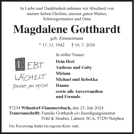 Traueranzeige von Magdalene Gotthardt von Siegener Zeitung