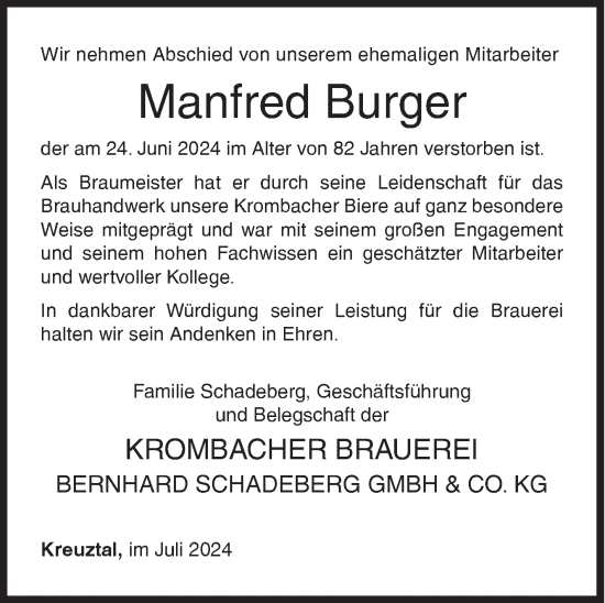 Traueranzeige von Manfred Burger von Siegener Zeitung