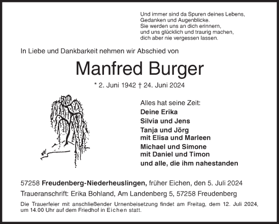 Traueranzeige von Manfred Burger von Siegener Zeitung