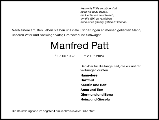 Traueranzeige von Manfred Patt von Siegener Zeitung