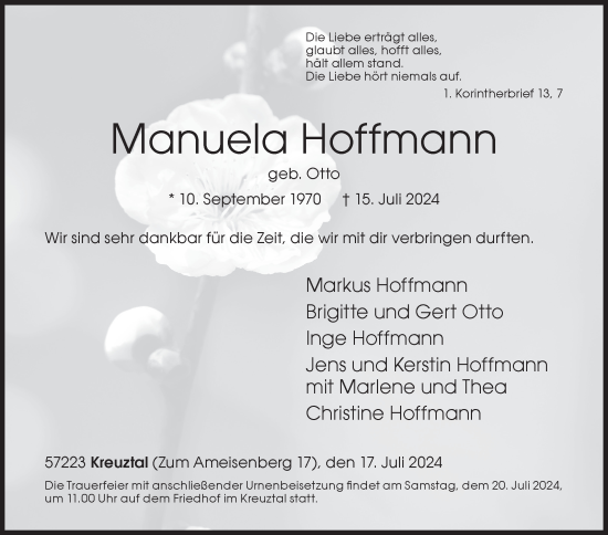 Traueranzeige von Manuela Hoffmann von Siegener Zeitung