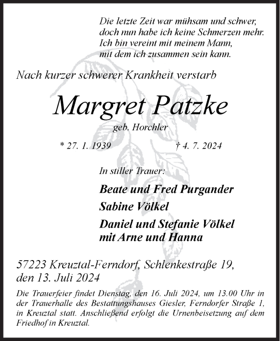 Traueranzeige von Margret Patzke von Siegener Zeitung