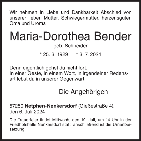 Traueranzeige von Maria-Dorothea Bender von Siegener Zeitung