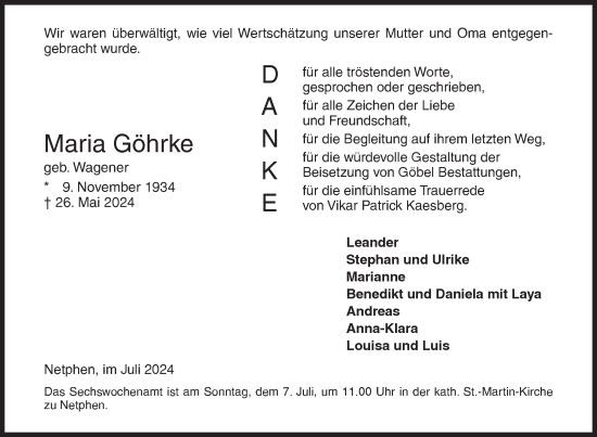 Traueranzeige von Maria Göhrke von Siegener Zeitung