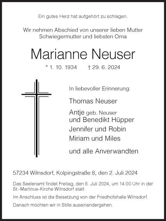 Traueranzeige von Marianne Neuser von Siegener Zeitung