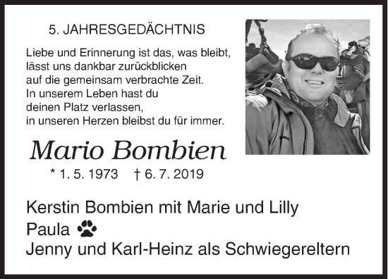 Traueranzeige von Mario Bombien von Siegener Zeitung