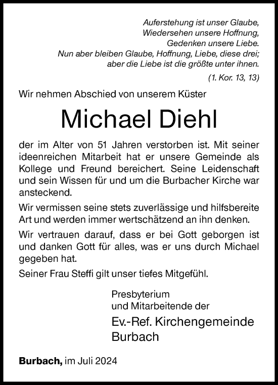 Traueranzeige von Michael Diehl von Siegener Zeitung