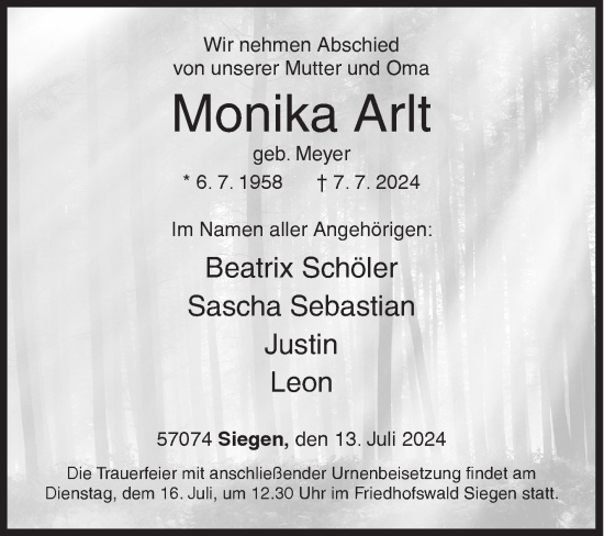 Traueranzeige von Monika Arlt von Siegener Zeitung