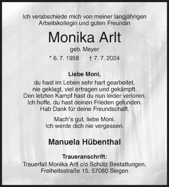 Traueranzeige von Monika Arlt von Siegener Zeitung