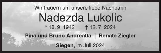 Traueranzeige von Nadezda Lukolic von Siegener Zeitung