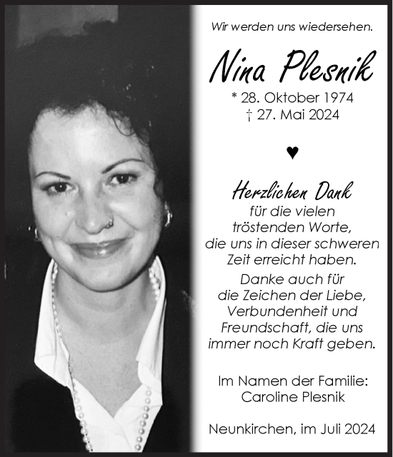 Traueranzeige von Nina Plesnik von Siegener Zeitung