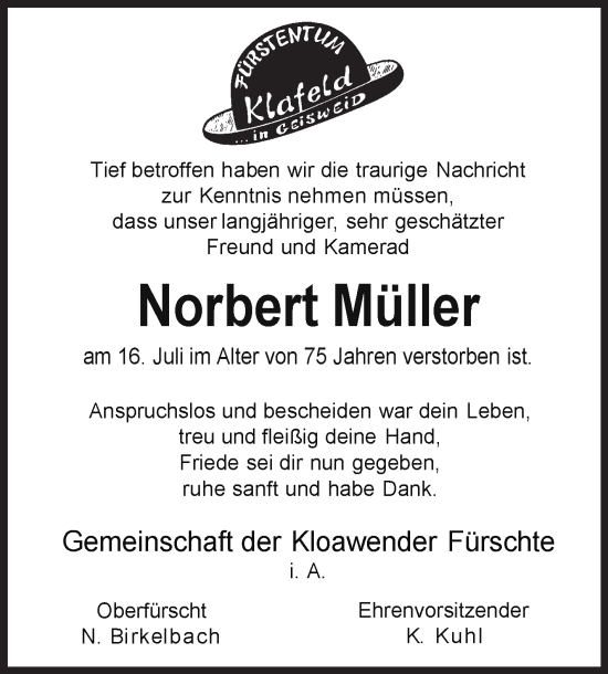 Traueranzeige von Norbert Müller von Siegener Zeitung