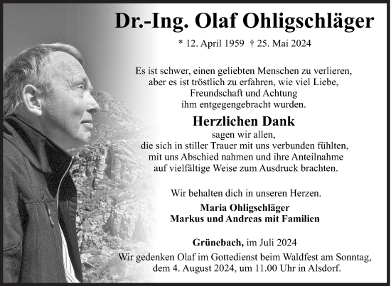 Traueranzeige von Olaf Ohligschläger von Siegener Zeitung