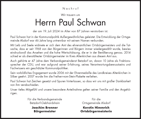 Traueranzeige von Paul Schwan von Siegener Zeitung