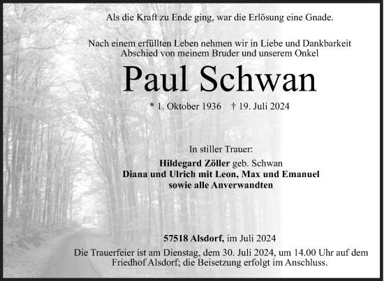 Traueranzeige von Paul Schwan von Siegener Zeitung
