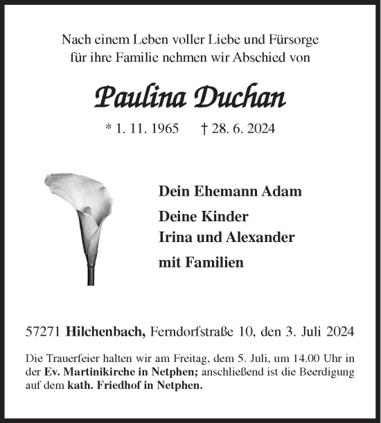 Traueranzeige von Paulina Duchan von Siegener Zeitung
