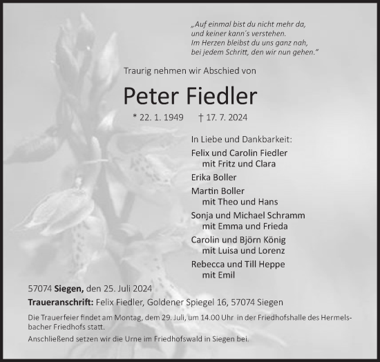 Traueranzeige von Peter Fiedler von Siegener Zeitung