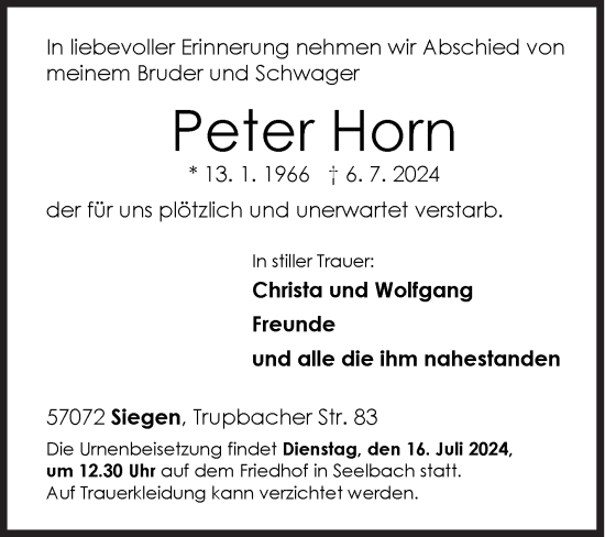 Traueranzeige von Peter Horn von Siegener Zeitung