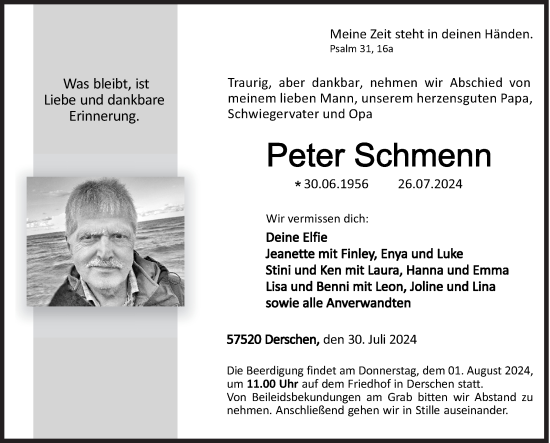 Traueranzeige von Peter Schmenn von Siegener Zeitung