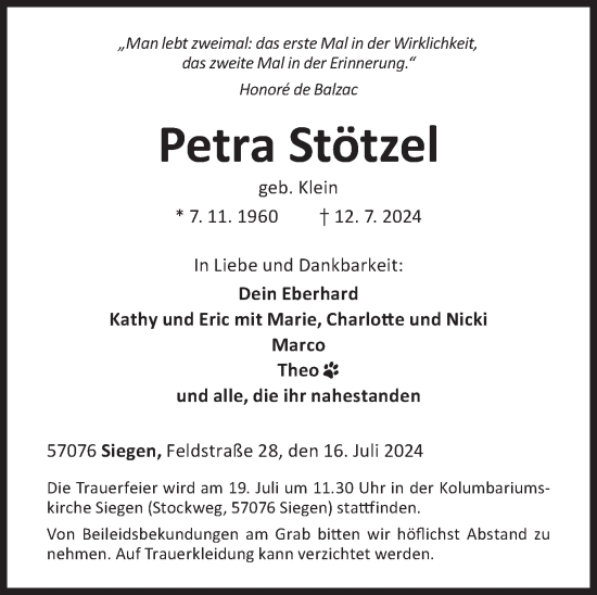 Traueranzeige von Petra Stötzel von Siegener Zeitung