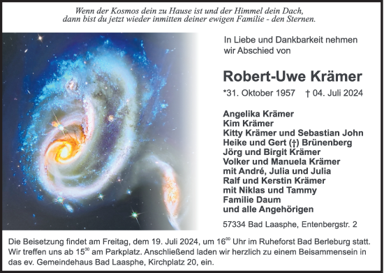 Traueranzeige von Robert-Uwe Krämer von Siegener Zeitung